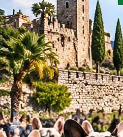 Il castello di Moniga del Garda tra palme e cipressi, con le prime orecchie di bulldog in primo piano