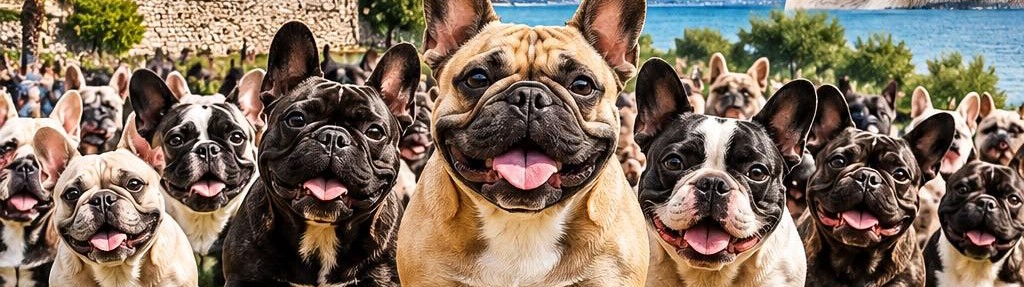 Una folla di bulldog francesi sorridenti sul prato, con il castello e il lago alle spalle